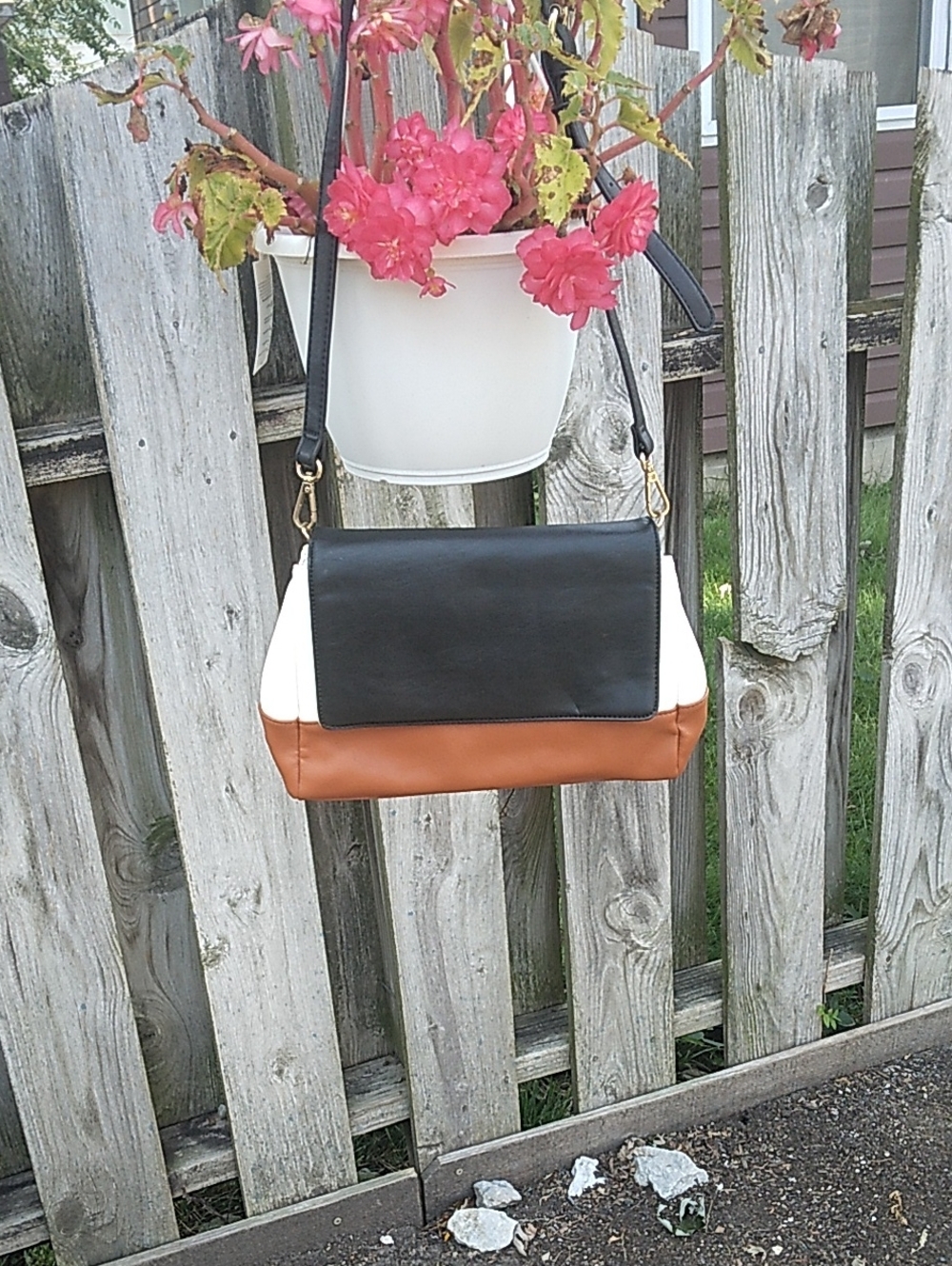 Tricolor Faux Leather Crossbody Bag - Black, White & Brown